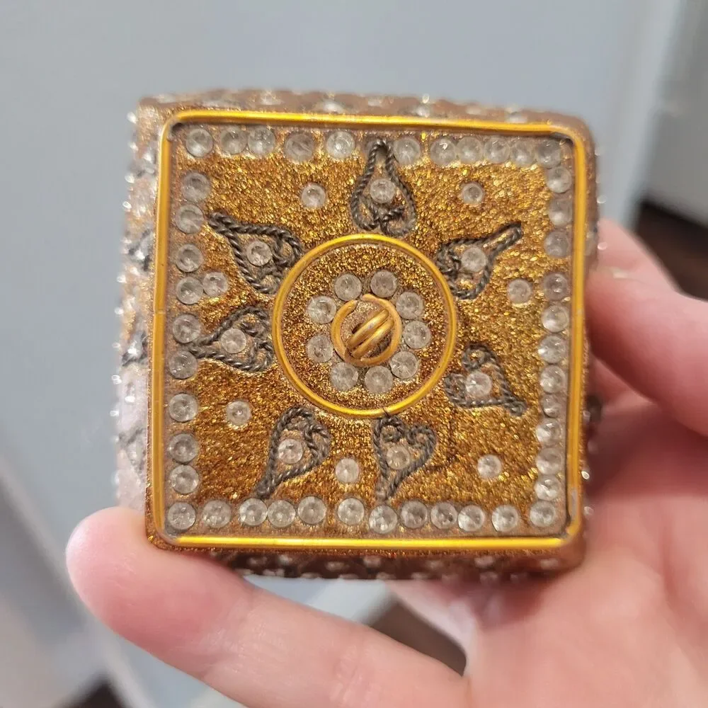 Vintage Pier 1 Jeweled Trinket Box Square Hexagon Jewelry Small 3x3x1 Gold Boho